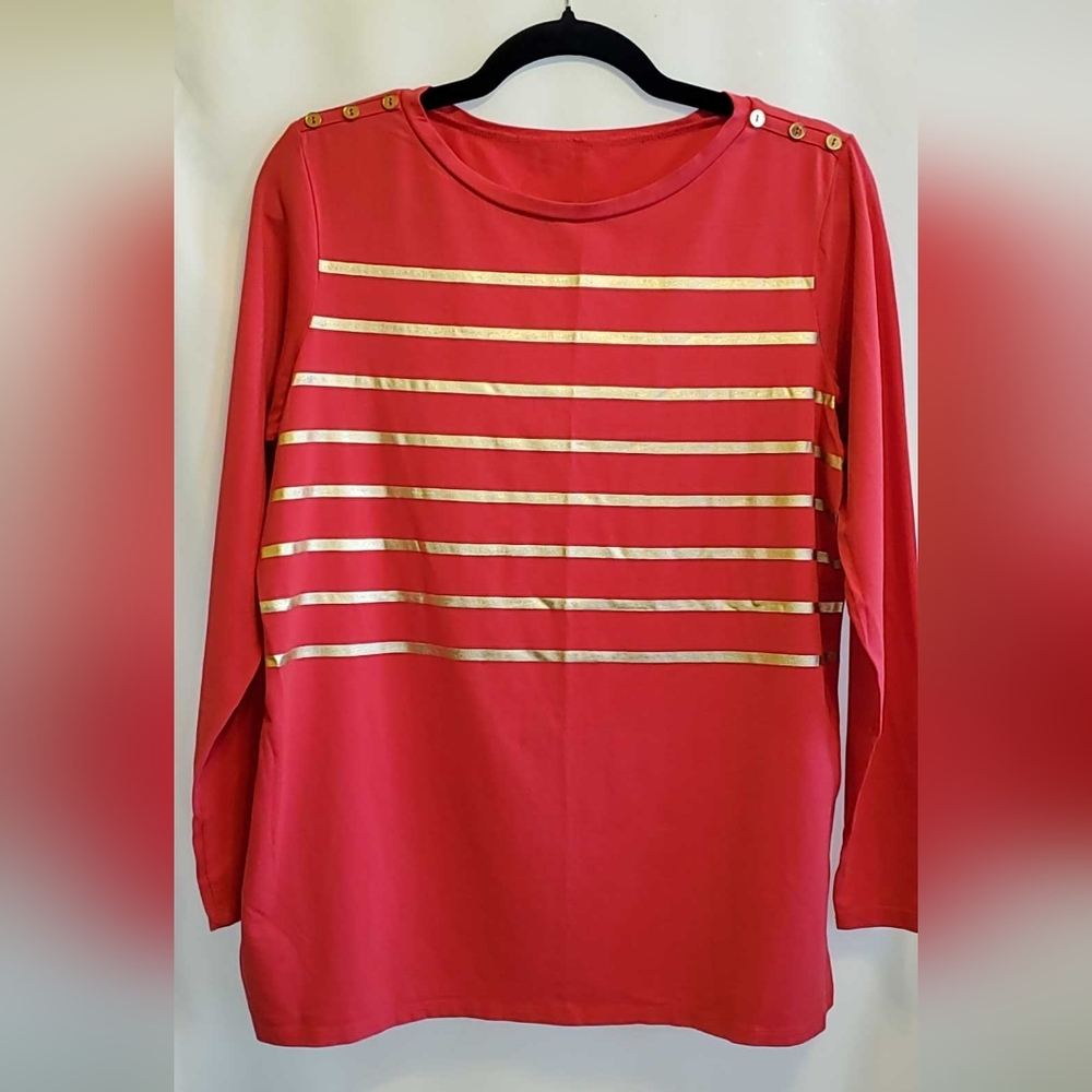 DG2 by Diane Gilman Red Blouse with Gold Stripes
